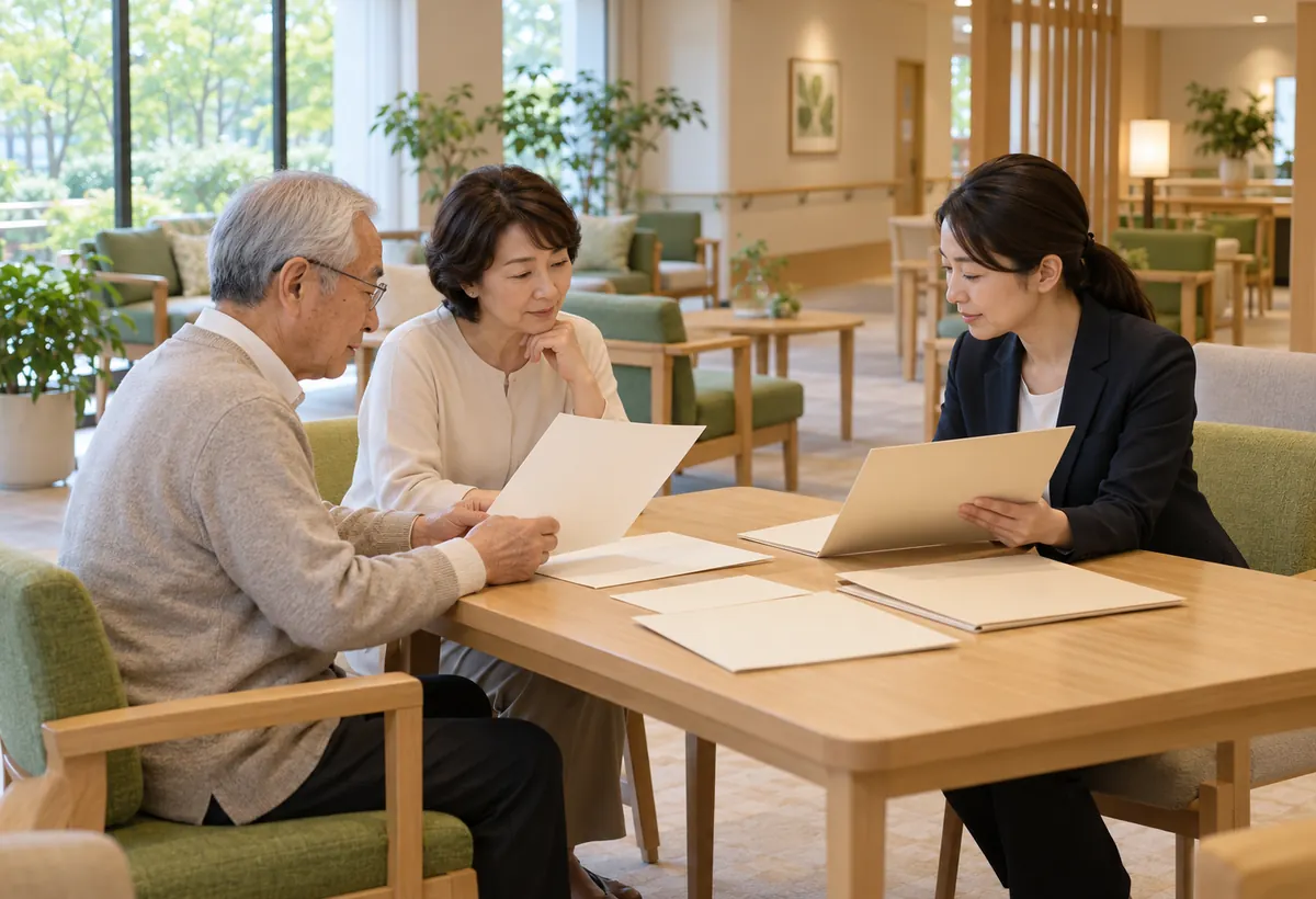 An older father and his adult daughter look over papers with an adviser in a calm, well-finished lounge of a Japanese senior residence